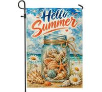 Drapeau de jardin en coquillages, étoile de mer côtière, pot Mason Jarre d'été bleu toile de jute double face Petit drapeau de jardin pour extérieur, terrasse, pelouse, porche, balcon 30,5 x 45,7 cm