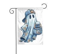 Drapeau de jardin en denim bleu fantôme en forme de seau de citrouille 30 x 45 cm vertical double face ferme vacances décorations extérieures drapeau de cour