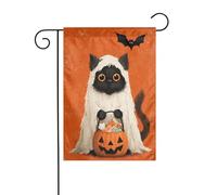 Drapeau de jardin en feuille de chat noir mignon dans un fantôme blanc 30 x 45 cm vertical double face ferme vacances décorations extérieures drapeau de cour