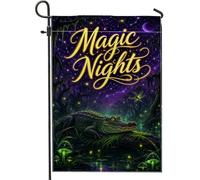 Drapeau de jardin en forme d'alligator, lucioles mystiques fantaisie, lune automne, violet, double face, petit drapeau de jardin, cour, pour extérieur, terrasse, pelouse, porche, balcon 30,5 x 45,7 cm