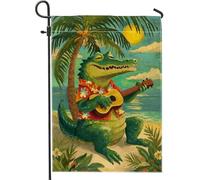Drapeau de jardin en forme d'alligator tropical d'été, crocodile vert jouant du ukulélé, bannière de décoration de plage, double face, toile de jute pour décoration de pelouse extérieure, 30,5 x 45,7