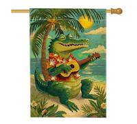 Drapeau de jardin en forme d'alligator tropical d'été, crocodile vert jouant du ukulélé, bannière de décoration de plage, double face, toile de jute pour décoration de pelouse extérieure, 71 x 101,6