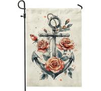 Drapeau de jardin en forme d'ancre nautique d'été, bannière florale noire et rouge, bannière de cour, décoration double face en coton pour fête sur le thème de la pelouse, 30,5 x 45,7 cm