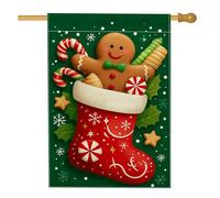 Drapeau de jardin en forme de bonhomme en pain d'épices, décoration de vacances verte avec sucre d'orge et bas, toile de jute double face, décoration de pelouse extérieure 71 x 101,6 cm