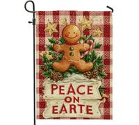 Drapeau de jardin en forme de bonhomme en pain d'épices, étoiles fantaisie, houx, rouge, double face, en toile de jute décorative pour extérieur, terrasse, pelouse, porche, balcon, 30,5 x 45,7 cm