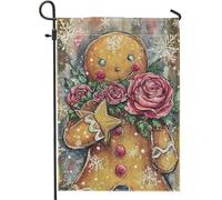 Drapeau de jardin en forme de bonhomme en pain d'épices, roses fantaisie, étoile de Noël, toile de jute marron, drapeaux décoratifs double face pour extérieur, terrasse, pelouse, porche, balcon, 30,5