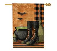 Drapeau de jardin en forme de bottes de sorcière d'Halloween, bannière de décoration de chaudron à balai orange, drapeau de cour double face en toile de jute pour décoration de pelouse de vacances, 71