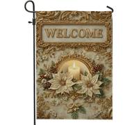 Drapeau de jardin en forme de bougie, élégant poinsettia de Noël doré double face en toile de jute pour extérieur, porche, pelouse, terrasse, 30,5 x 45,7 cm