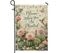 Drapeau de jardin en forme de cactus, botanique rustique, fleur, papillon, printemps, toile de jute verte double face, drapeaux décoratifs pour extérieur, terrasse, pelouse, porche, entrée, camping