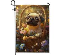Drapeau de jardin en forme de carlin fleuri pour printemps et été, joli chien dans un panier, bannière florale, bannière extérieure, décoration double face pour pelouse, cour, 30,5 x 45,7 cm