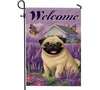 Drapeau de jardin en forme de carlin lavande, joli chien et papillon, bannière double face pour printemps et été, décoration d'intérieur, 30,5 x 45,7 cm