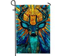 Drapeau de jardin en forme de cerf en vitrail, bannière de décoration de la faune bleue et orange, drapeau double face en toile de jute, décoration d'extérieur pour l'automne et l'hiver, 30,5 x 45,7
