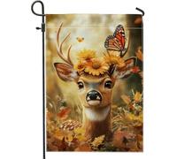 Drapeau de jardin en forme de cerf floral d'automne, fleurs de souci orange, papillon, décoration de pelouse extérieure, double face, décoration d'automne, drapeau saisonnier pour la maison, la cour