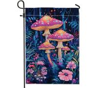 Drapeau de jardin en forme de champignon vibrant, champignons psychédéliques colorés, bannière double face pour la saison printanière, décoration de pelouse de style forêt 30,5 x 45,7 cm
