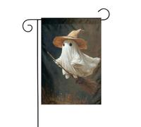Drapeau de jardin en forme de chapeau de sorcière fantôme volant sur balai 30 x 45 cm vertical double face ferme vacances décorations extérieures drapeau de cour