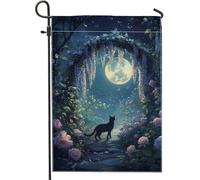 Drapeau de jardin en forme de chat au clair de lune, drapeau floral de nuit enchantée, décoration de pelouse extérieure double face, décoration de pelouse extérieure, printemps été, maison, jardin