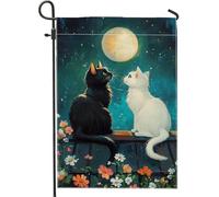 Drapeau de jardin en forme de chat au clair de lune, illustration féline noire et blanche, drapeaux de décoration saisonnière, drapeau de cour en polyester double face, décoration de pelouse