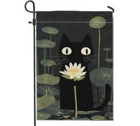Drapeau de jardin en forme de chat avec nénuphar, décoration saisonnière d'intérieur, drapeau décoratif extérieur double face, œuvre d'art de chat mignon pour pelouse et jardin, décoration de cour