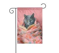 Drapeau de jardin en forme de chat bleu russe lisant un livre 30 x 45 cm vertical double face ferme vacances décorations extérieures drapeau de cour