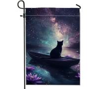 Drapeau de jardin en forme de chat cosmique, chat mystique flottant sur l'eau, drapeau décoratif double face pour la décoration de la maison d'été, drapeau de cour unique pour décoration de jardin
