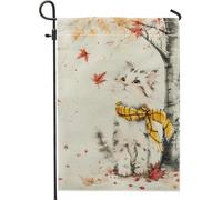 Drapeau de jardin en forme de chat d'automne, écharpe grise blanche et jaune, saisons d'automne, jolis drapeaux de décoration de cour aquarelle, décoration de pelouse extérieure double face, 30,5 x