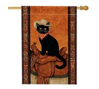 Drapeau de jardin en forme de chat de cow-boy, félin noir avec chapeau et bandana, décoration extérieure, bannière double face en toile de jute pour automne, Halloween, décoration de pelouse, 71,1 x