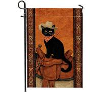Drapeau de jardin en forme de chat de cow-boy, félin noir avec chapeau et bandana, décoration extérieure, bannière double face en toile de jute pour automne, Halloween, décoration de pelouse, 30,5 x