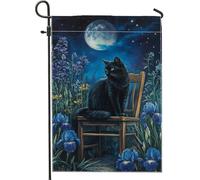 Drapeau de jardin en forme de chat de minuit, bleu clair de lune, décoration extérieure florale, drapeau de cour en tissu double face pour décorations d'Halloween et d'automne 30,5 x 45,7 cm