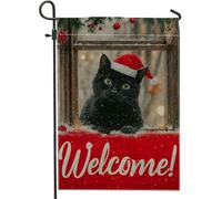 Drapeau de jardin en forme de chat d'hiver de Noël, bannière de bienvenue rouge, décoration de pelouse double face en toile de jute pour les vacances en plein air, 30,5 x 45,7 cm