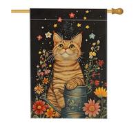 Drapeau de jardin en forme de chat mignon, bannière à motif floral de nuit étoilée, décoration extérieure printemps-été pour cour, pelouse, fête, imprimé double face, 71,1 x 101,6 cm