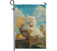 Drapeau de jardin en forme de chat mignon, bannière de décoration extérieure avec chat blanc, drapeau double face, décoration de jardin respectueuse des animaux, 30,5 x 45,7 cm