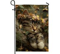 Drapeau de jardin en forme de chat mignon, bannière florale marron pour décoration d'intérieur, drapeau double face en toile de jute, décoration de pelouse extérieure de printemps, 30,5 x 45,7 cm