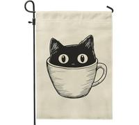 Drapeau de jardin en forme de chat mignon dans une tasse à café, beige pour décoration d'intérieur, drapeau de cour, décoration saisonnière de pelouse, cadeau d'automne et d'hiver pour amoureux des
