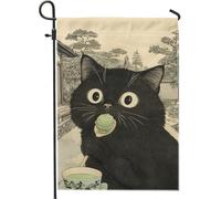 Drapeau de jardin en forme de chat mignon mangeant de la crème glacée, drapeau de décoration d'intérieur de couleur vert menthe, décoration extérieure d'été pour pelouse, drapeaux en peluche double
