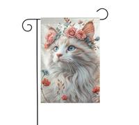 Drapeau de jardin en forme de chat pastel mignon avec une couronne florale - 30 x 45 cm - Double face - Décoration extérieure de ferme