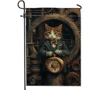 Drapeau de jardin en forme de chat steampunk, horloge mécanique marron, bannière de décoration d'intérieur, drapeau de cour double face, décoration de pelouse d'extérieur vintage, 30,5 x 45,7 cm