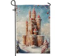 Drapeau de jardin en forme de château de pain d'épices, décoration extérieure du pays des merveilles d'hiver, drapeau double face en toile de jute pour Noël, décoration de porche festive pour pelouse