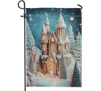 Drapeau de jardin en forme de château de pain d'épices, drapeau de décoration extérieure, drapeau double face en toile de jute pour Noël, paysage enneigé, terrasse, pelouse, décoration 30,5 x 45,7 cm