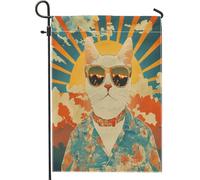 Drapeau de jardin en forme de chaton avec fleur et chat, design rétro coloré pour le printemps et drapeau de cour décoratif double face, parfait pour la décoration de la maison et de la pelouse, 30,5