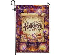 Drapeau de jardin en forme de chaudron sorcière d'Halloween 30,5 x 45,7 cm | Thème sorcellerie, drapeau de cour, feuilles d'érable d'automne, boules de cristal magiques, parchemin vintage