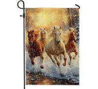 Drapeau de jardin en forme de cheval d'hiver, paysage enneigé, drapeau double face en toile de jute pour décoration de pelouse de vacances, décoration d'intérieur sur le thème des animaux rustiques