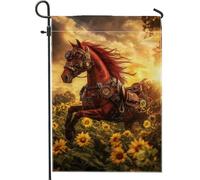 Drapeau de jardin en forme de cheval steampunk automnal, bannière mécanique rouge tournesol, bannière de cour, toile de jute double face, décoration d'intérieur pour l'extérieur 30,5 x 45,7 cm