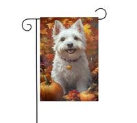 Drapeau de jardin en forme de chien blanc mignon et citrouille d'automne 30 x 45 cm vertical double face ferme vacances décorations extérieures drapeau de cour