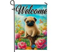 Drapeau de jardin en forme de chien carlin bienvenu, décoration florale colorée, bannière de cour printemps-été, décoration de pelouse en polyester double face, 30,5 x 45,7 cm