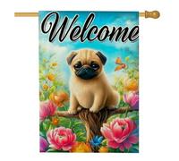 Drapeau de jardin en forme de chien carlin bienvenu, décoration florale colorée, bannière de cour printemps-été, décoration de pelouse en polyester double face, 71,1 x 101,6 cm