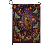 Drapeau de jardin en forme de chouette, feuilles fantaisistes, papillons de nuit d'Halloween, violettes, double face, pour extérieur, pelouse, porche, terrasse, entrée, 30,5 x 45,7 cm
