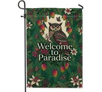 Drapeau de jardin en forme de chouette, fleurs botaniques tropicales, mangues, vert d'été, drapeau décoratif double face en toile de jute pour extérieur, terrasse, pelouse, porche, entrée, camping