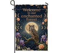 Drapeau de jardin en forme de chouette, nature mystique, fleurs de lune, bleu marine, en toile de jute double face, pour extérieur, terrasse, pelouse, porche, entrée, camping 30,5 x 45,7 cm