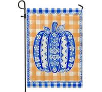 Drapeau de jardin en forme de citrouille bleue, décoration d'automne à carreaux orange, drapeau décoratif double face pour décoration de la maison, de la pelouse, 30,5 x 45,7 cm
