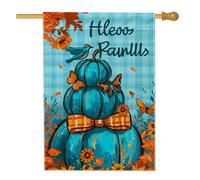 Drapeau de jardin en forme de citrouille d'automne, bannière décorative bleu sarcelle avec papillons et fleurs, drapeau de cour double face en toile de jute pour décoration de pelouse extérieure, 71 x
